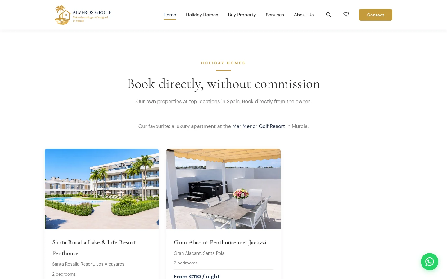 Aanbod vakantiewoningen op Alveros Group — rechtstreeks boeken zonder commissie