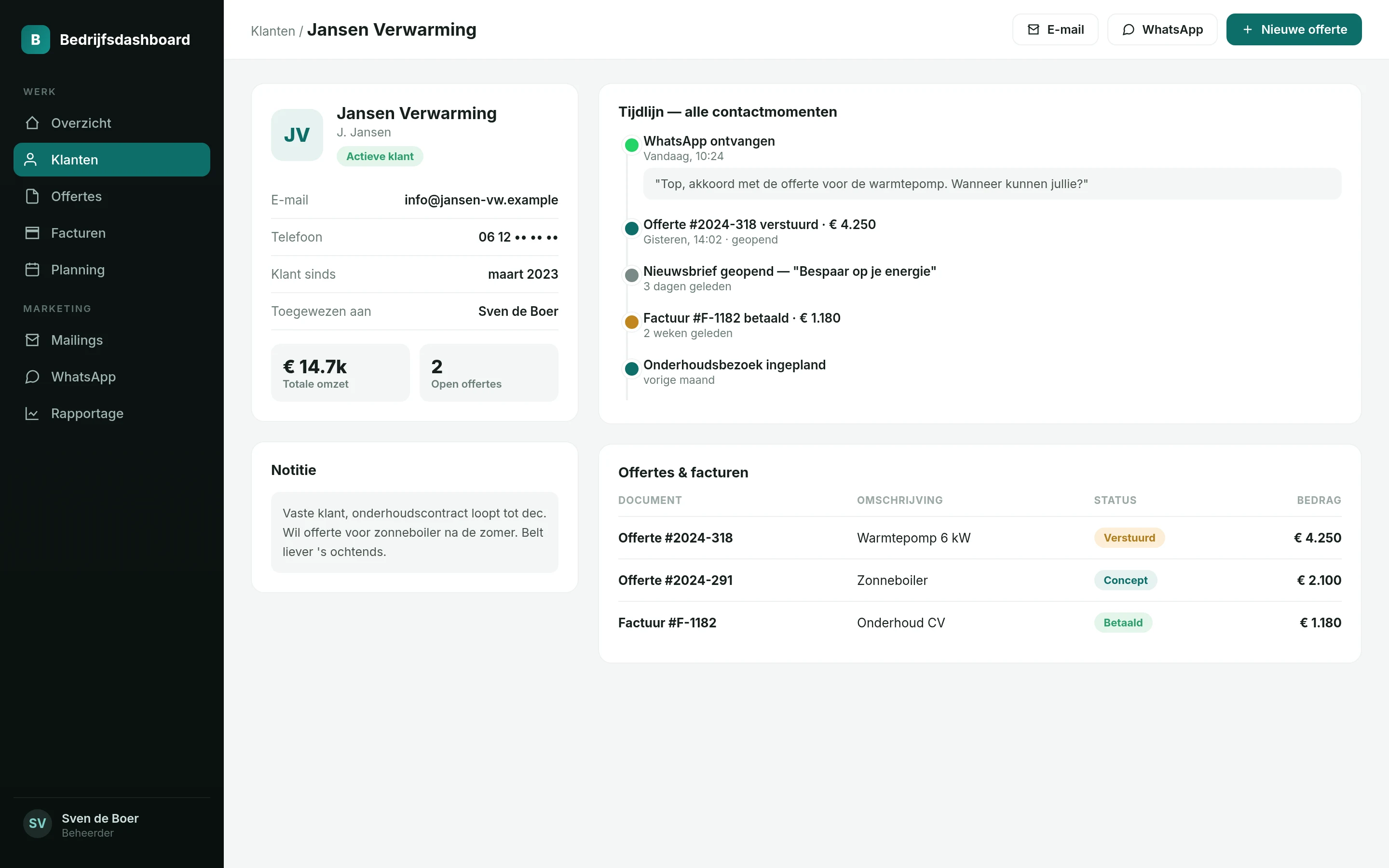 Klantkaart 360°: tijdlijn van contactmomenten, offertes en facturen