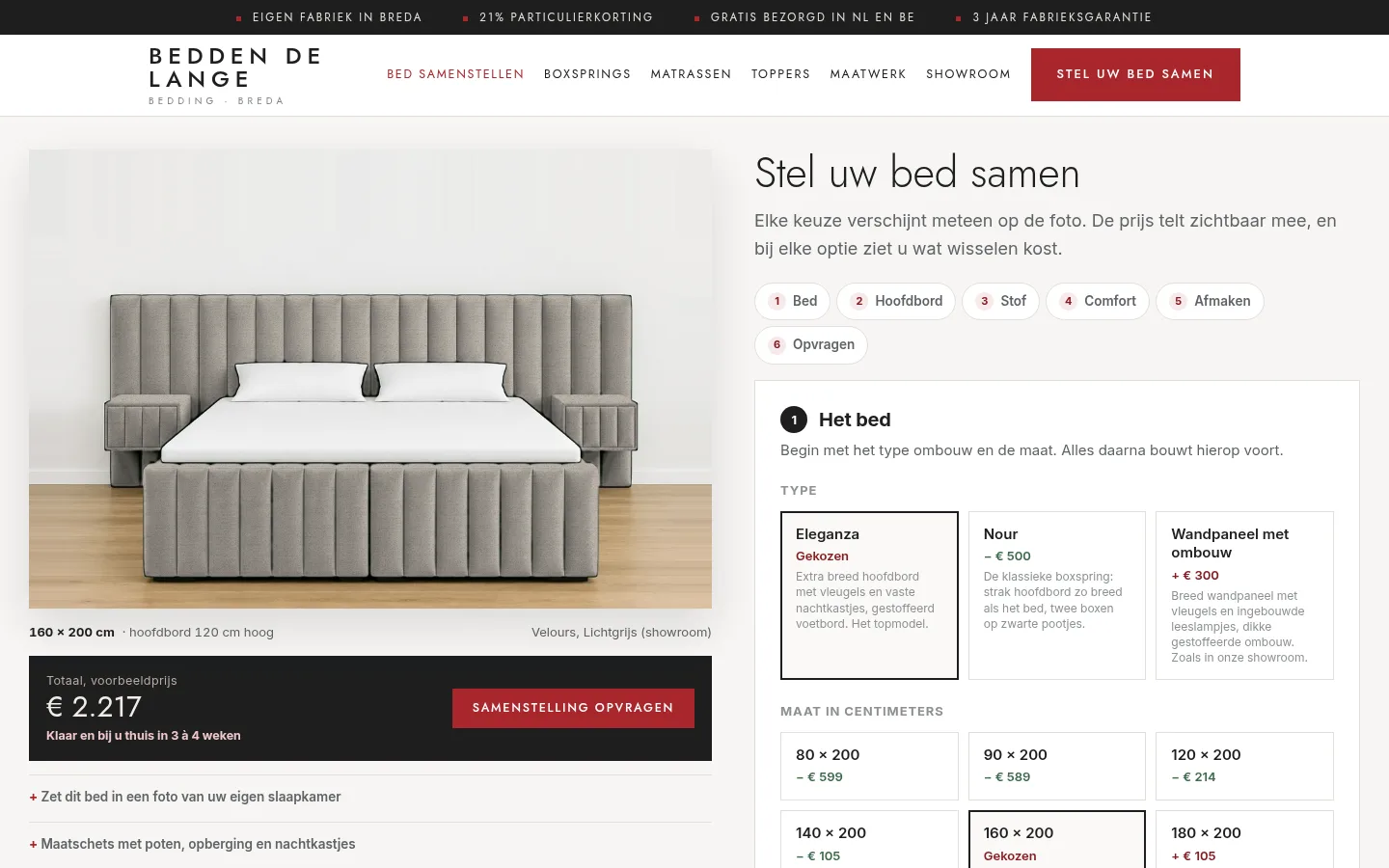 Voorbeeld productconfigurator: Stel je boxspring samen