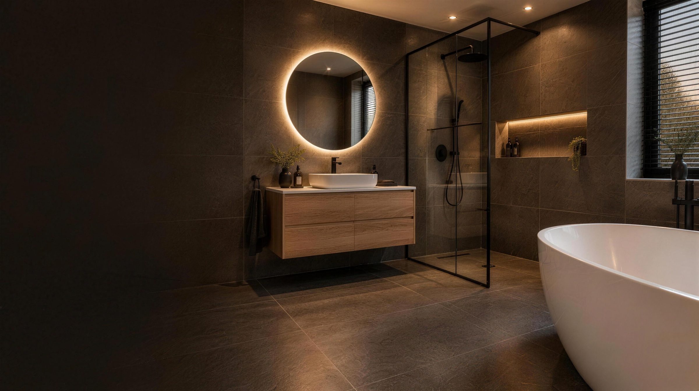 Moderne badkamer met eiken badmeubel, ronde lichtspiegel, inloopdouche en vrijstaand bad