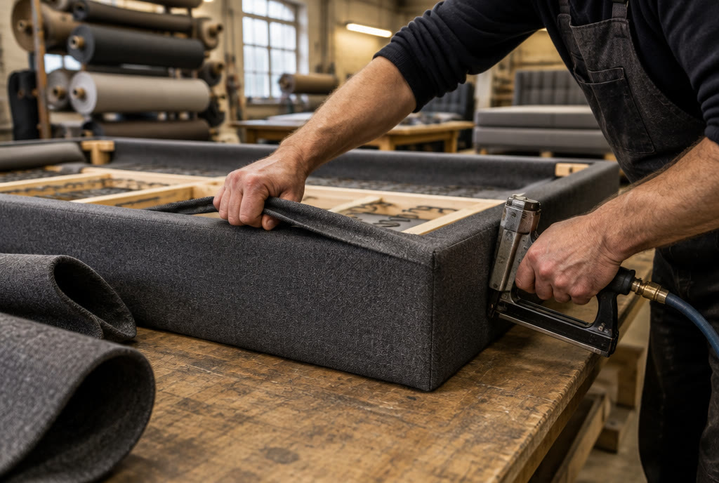 Stoffeerder bekleedt een boxspringframe (sfeerbeeld)