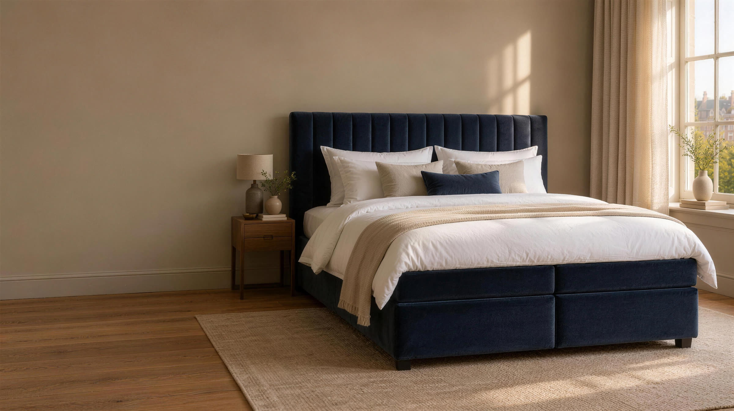 Boxspring in nachtblauw velours met verticale banen (sfeerbeeld)