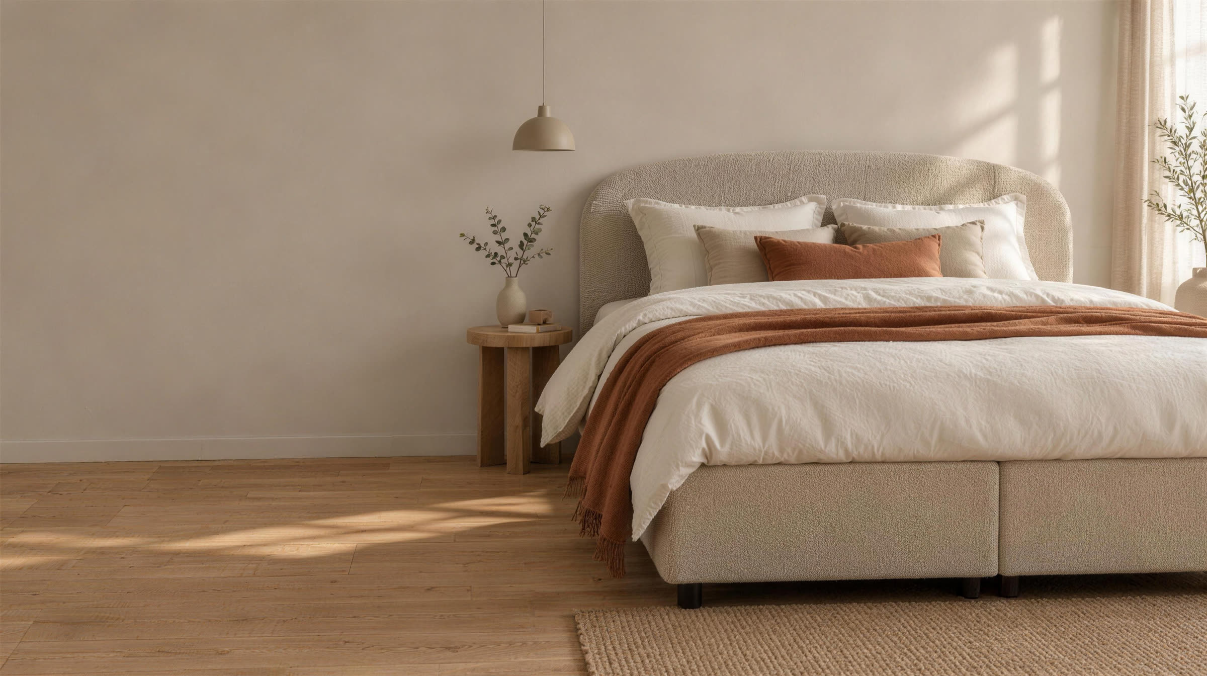 Boxspring in zand bouclé (sfeerbeeld)