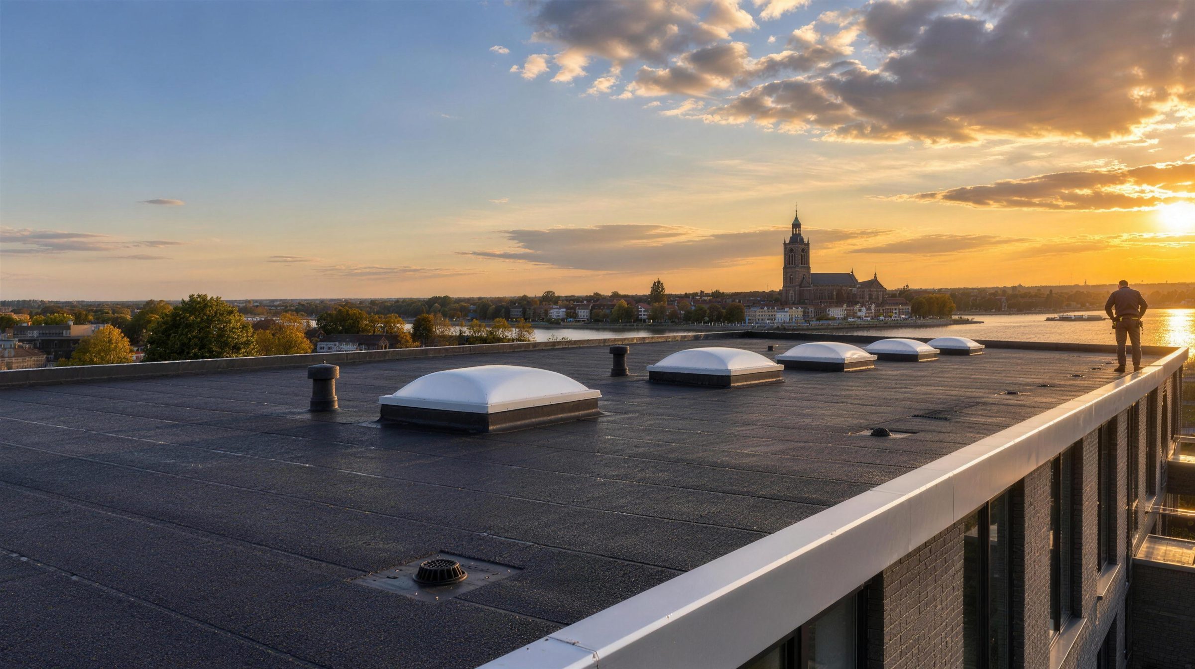 Nieuw plat dak met bitumen, daktrim en lichtkoepels