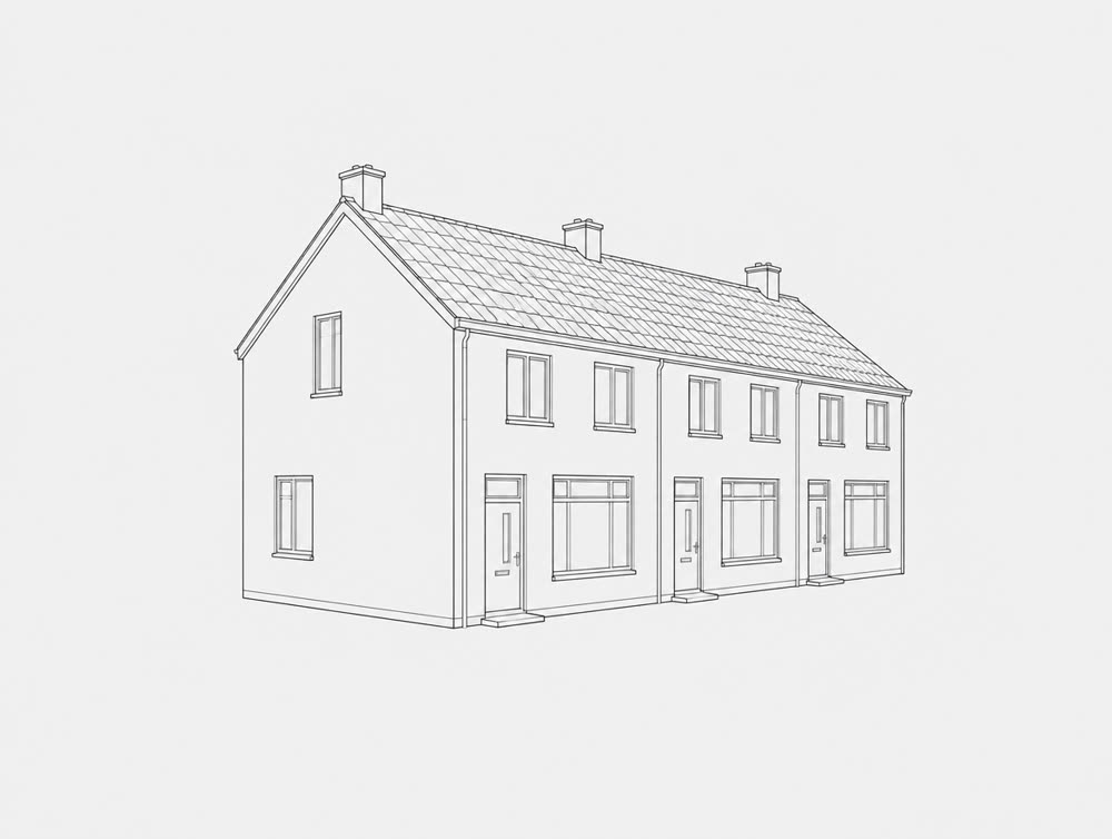 Lijntekening van een Nederlandse rijtjeswoning