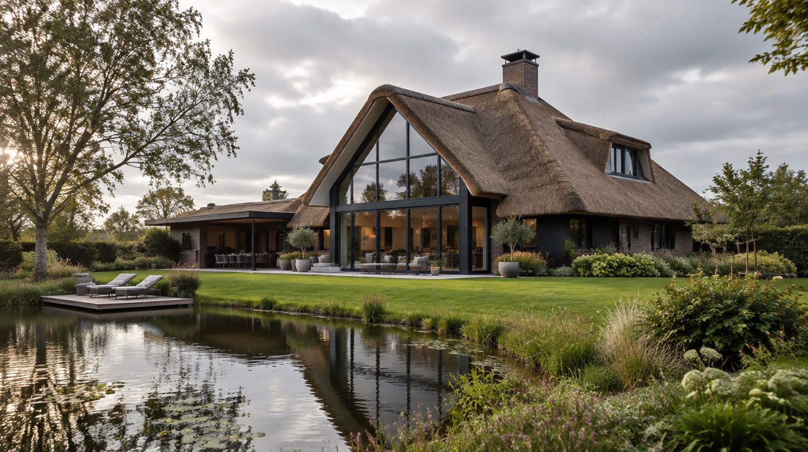 Vrijstaande villa met rieten dak aan het water