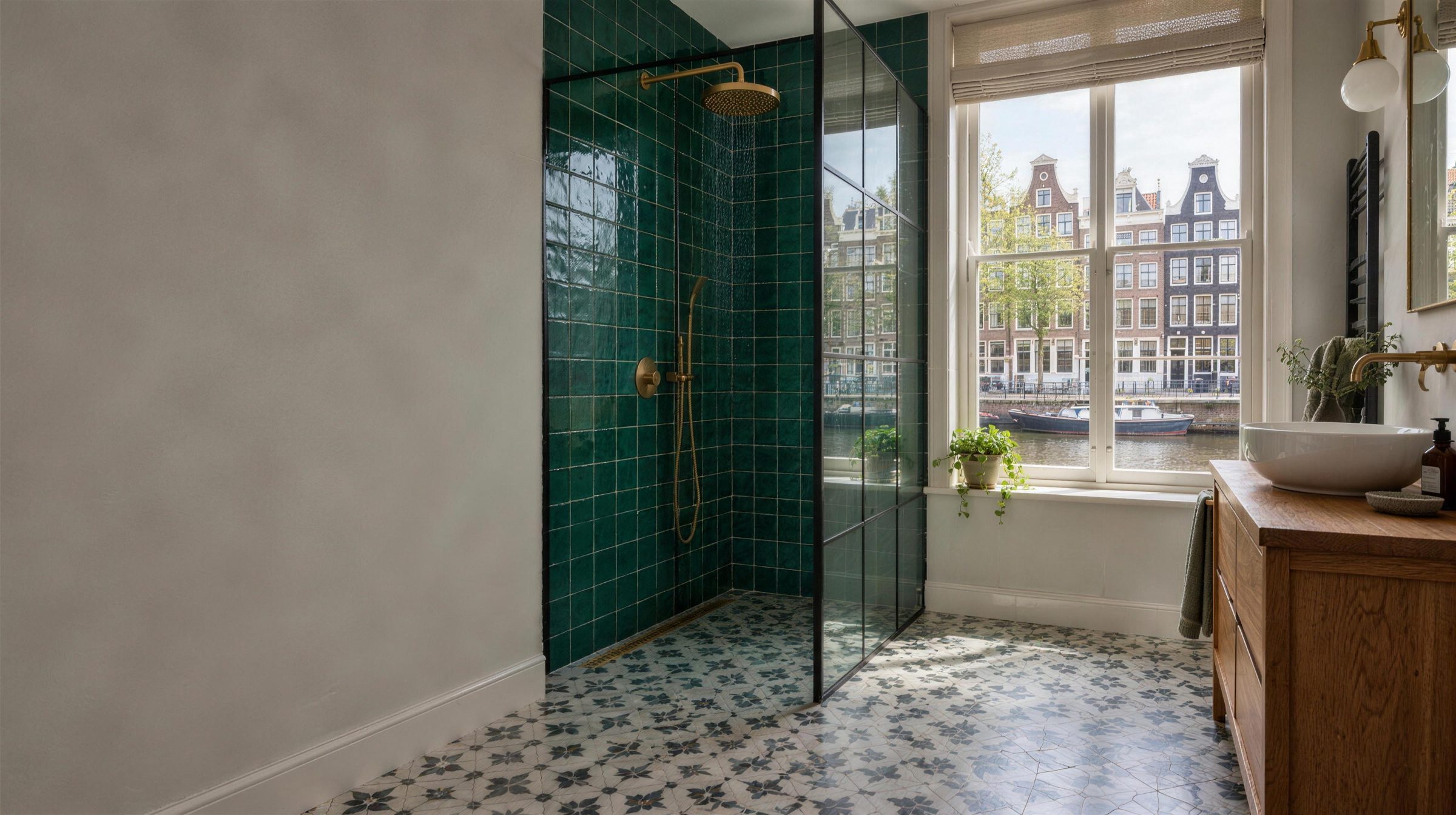 Badkamer met groene wandtegels in een Amsterdams grachtenpand (sfeerbeeld)